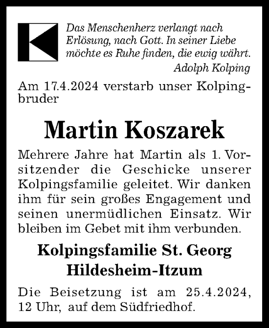 Traueranzeige von Martin Koszarek von Hildesheimer Allgemeine Zeitung