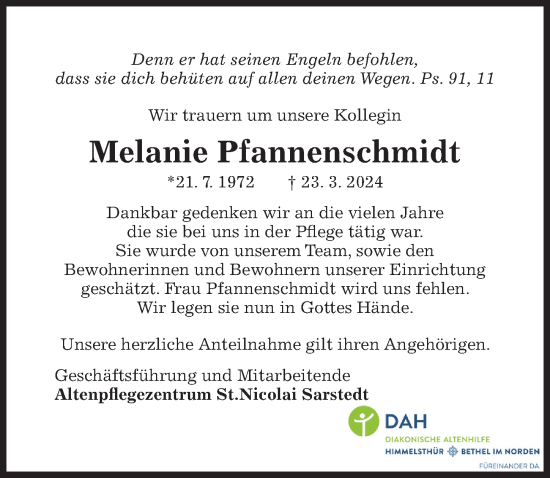 Traueranzeige von Melanie Pfannenschmidt von Hildesheimer Allgemeine Zeitung