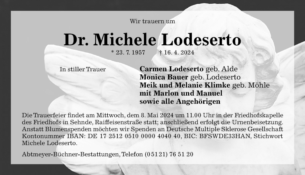  Traueranzeige für Michele Lodeserto vom 27.04.2024 aus Hildesheimer Allgemeine Zeitung