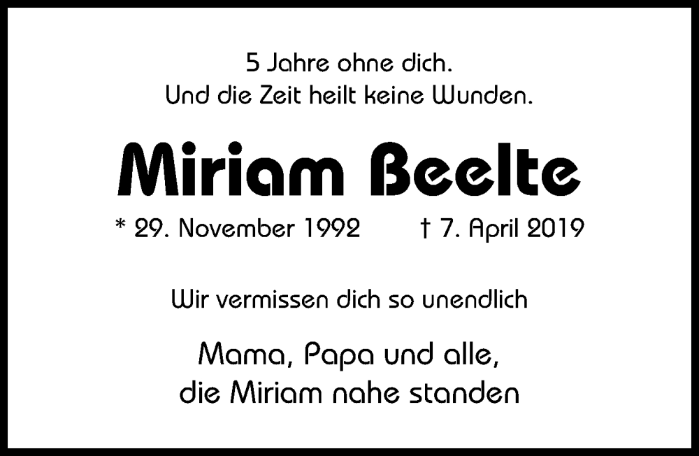  Traueranzeige für Miriam Beelte vom 06.04.2024 aus Hildesheimer Allgemeine Zeitung