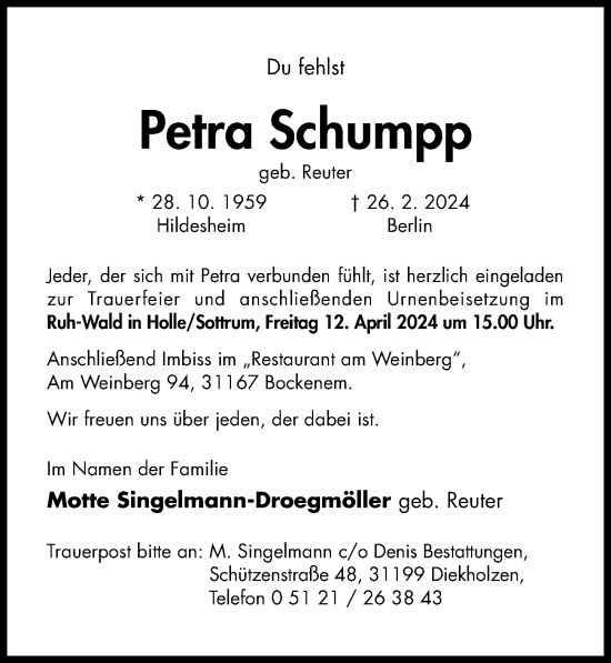 Traueranzeige von Petra Schumpp von Hildesheimer Allgemeine Zeitung