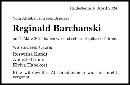 Traueranzeige von Reginald Barchanski von Hildesheimer Allgemeine Zeitung