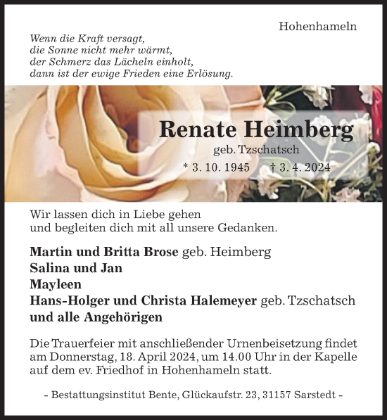 Traueranzeige von Renate Heimberg von Hildesheimer Allgemeine Zeitung