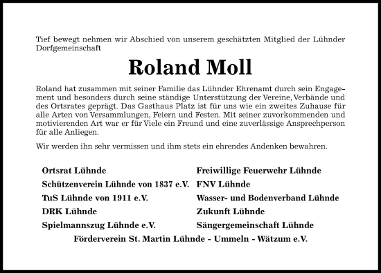 Traueranzeige von Roland Moll von Hildesheimer Allgemeine Zeitung