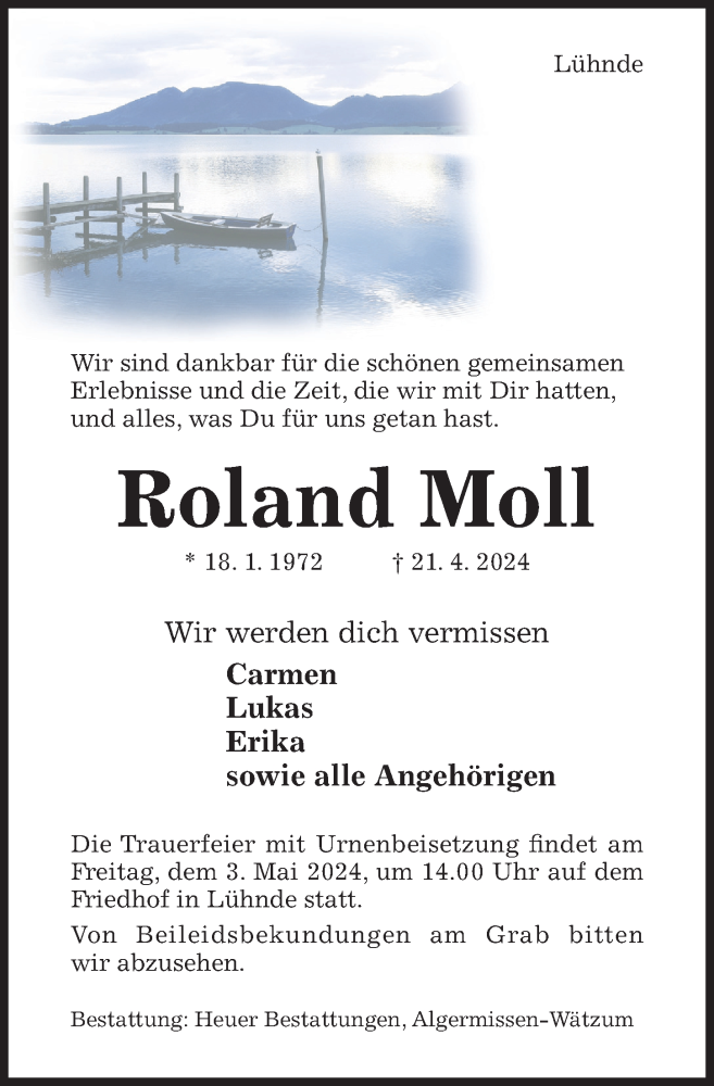  Traueranzeige für Roland Moll vom 24.04.2024 aus Hildesheimer Allgemeine Zeitung