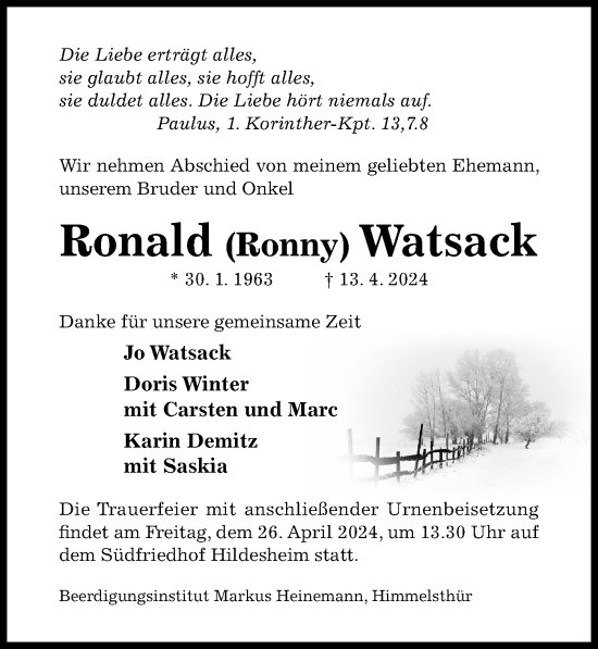 Traueranzeige von Ronald Watsack von Hildesheimer Allgemeine Zeitung