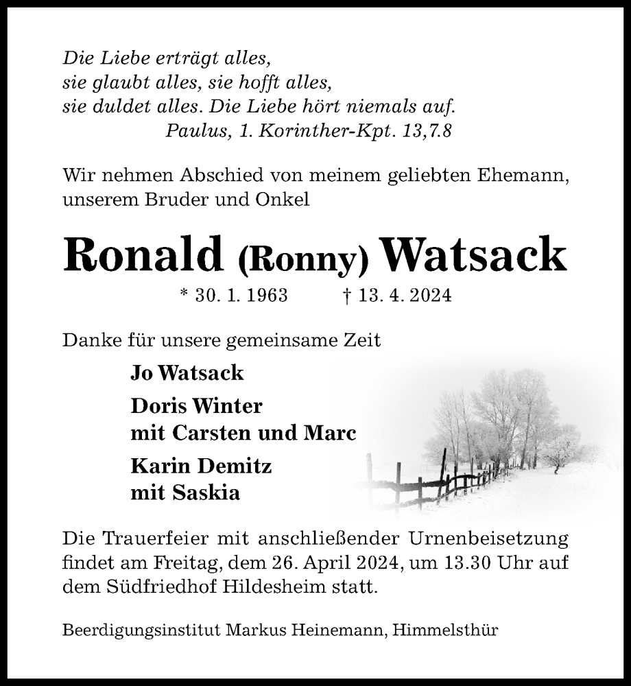  Traueranzeige für Ronald Watsack vom 20.04.2024 aus Hildesheimer Allgemeine Zeitung