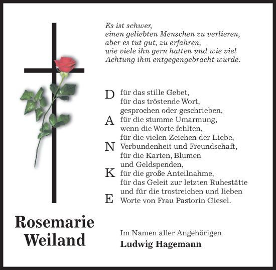 Traueranzeige von Rosemarie Weiland von Hildesheimer Allgemeine Zeitung