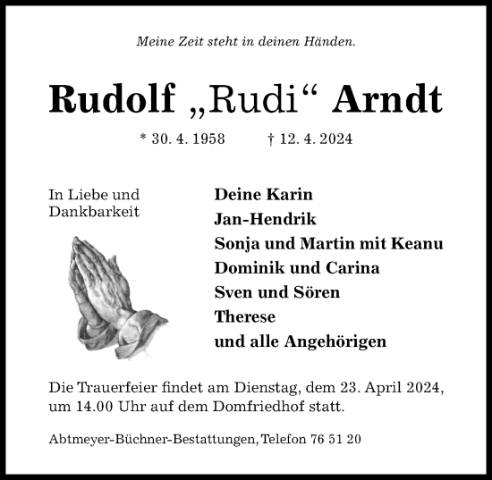 Traueranzeige von Rudolf Arndt von Hildesheimer Allgemeine Zeitung