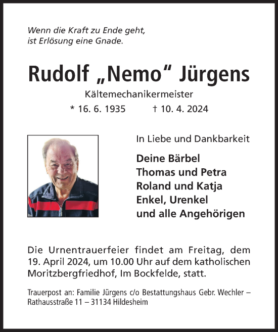 Traueranzeige von Rudolf Jürgens von Hildesheimer Allgemeine Zeitung
