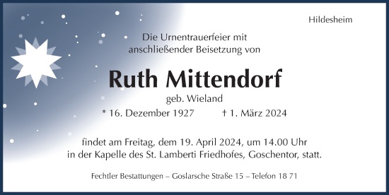 Traueranzeige von Ruth Mittendorf von Hildesheimer Allgemeine Zeitung