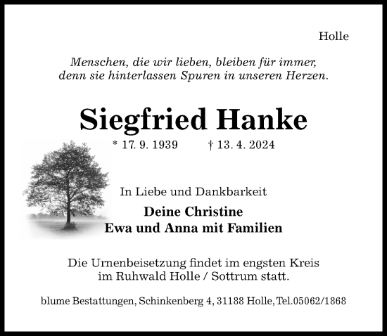 Traueranzeige von Siegfried Hanke von Hildesheimer Allgemeine Zeitung