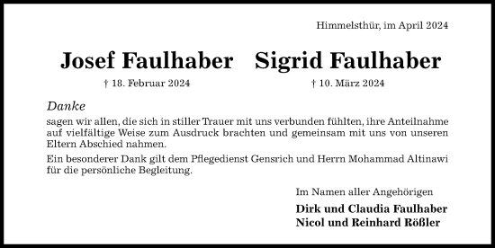 Traueranzeige von Sigrid Faulhaber von Hildesheimer Allgemeine Zeitung