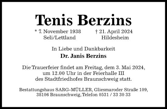 Traueranzeige von Tenis Berzins von Hildesheimer Allgemeine Zeitung