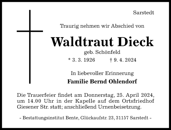 Traueranzeige von Waldtraut Dieck von Hildesheimer Allgemeine Zeitung