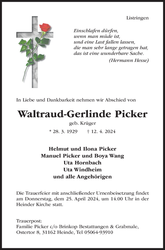 Traueranzeige von Waltraud-Gerlinde Picker von Hildesheimer Allgemeine Zeitung