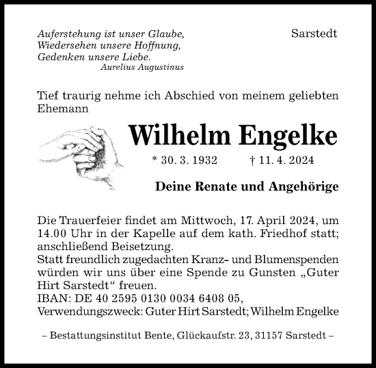 Traueranzeige von Wilhelm Engelke von Hildesheimer Allgemeine Zeitung