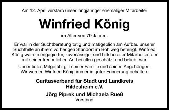 Traueranzeige von Winfried König von Hildesheimer Allgemeine Zeitung