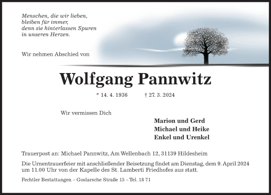 Traueranzeige von Wolfgang Pannwitz von Hildesheimer Allgemeine Zeitung