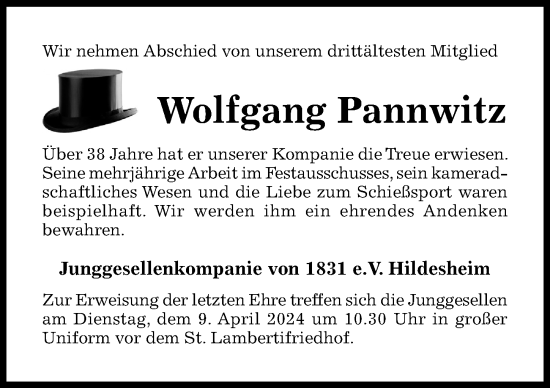 Traueranzeige von Wolfgang Pannwitz von Hildesheimer Allgemeine Zeitung