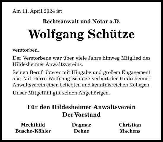 Traueranzeige von Wolfgang Schütze von Hildesheimer Allgemeine Zeitung