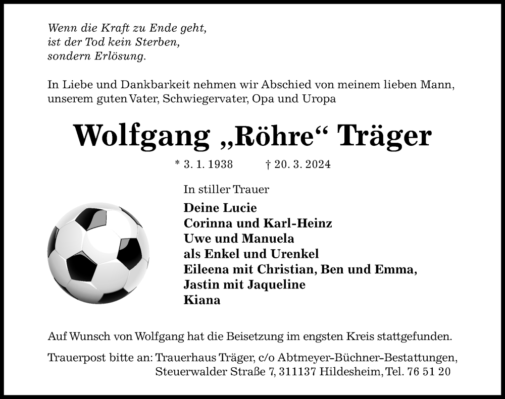  Traueranzeige für Wolfgang Träger vom 06.04.2024 aus Hildesheimer Allgemeine Zeitung