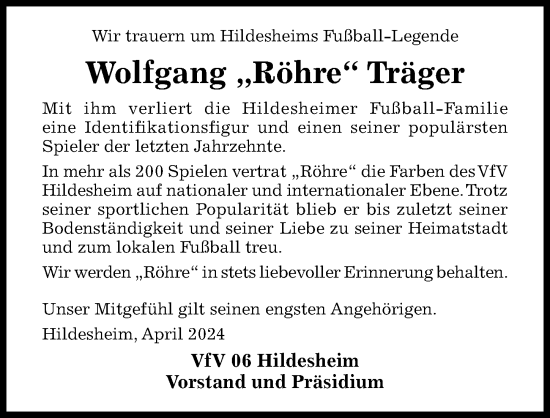 Traueranzeige von Wolfgang Träger von Hildesheimer Allgemeine Zeitung