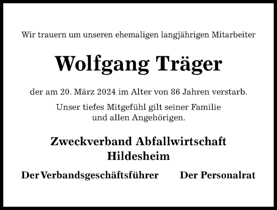 Traueranzeige von Wolfgang Träger von Hildesheimer Allgemeine Zeitung