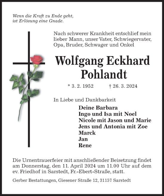 Traueranzeige von Wolfgang Eckhard Pohlandt von Hildesheimer Allgemeine Zeitung