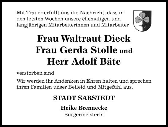 Traueranzeige von Adolf Bäte von Hildesheimer Allgemeine Zeitung