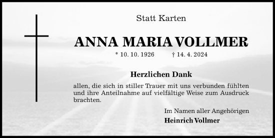 Traueranzeige von Anna Maria Vollmer von Hildesheimer Allgemeine Zeitung