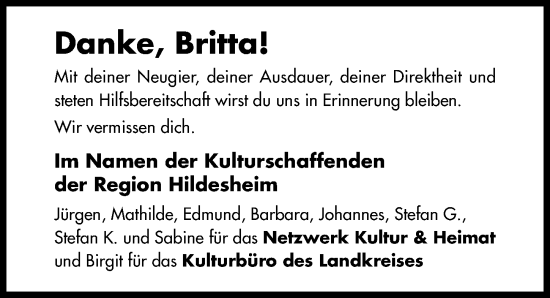 Traueranzeige von Britta  von Hildesheimer Allgemeine Zeitung