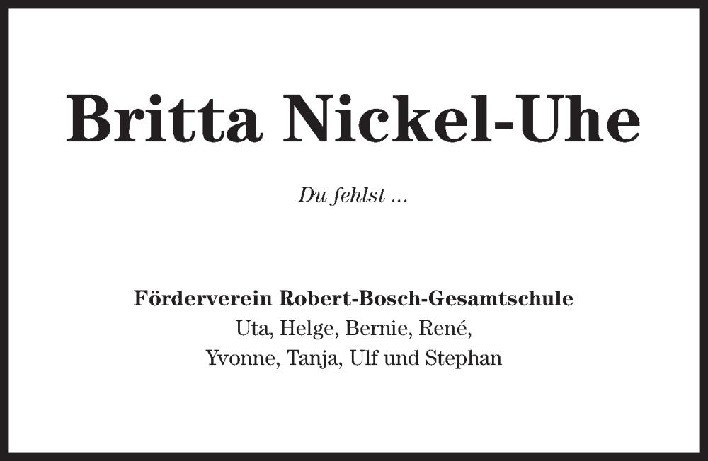  Traueranzeige für Britta Nickel-Uhe vom 22.05.2024 aus Hildesheimer Allgemeine Zeitung