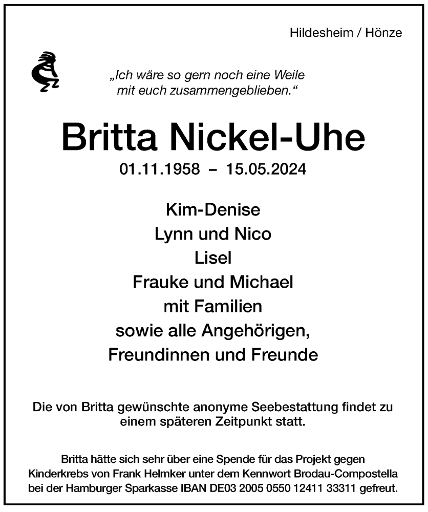  Traueranzeige für Britta Nickel-Uhe vom 22.05.2024 aus Hildesheimer Allgemeine Zeitung