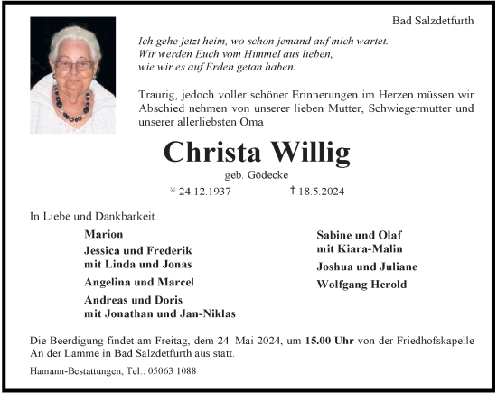 Traueranzeige von Christa Willig von Hildesheimer Allgemeine Zeitung