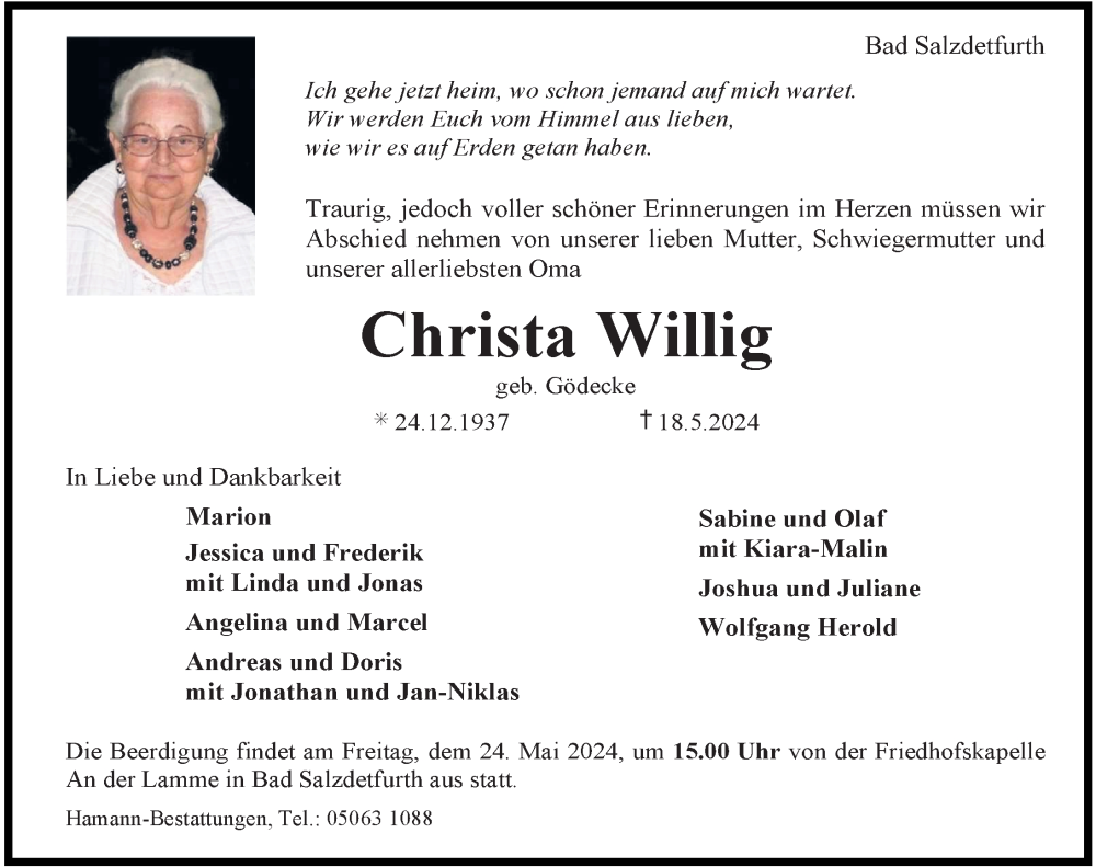  Traueranzeige für Christa Willig vom 22.05.2024 aus Hildesheimer Allgemeine Zeitung