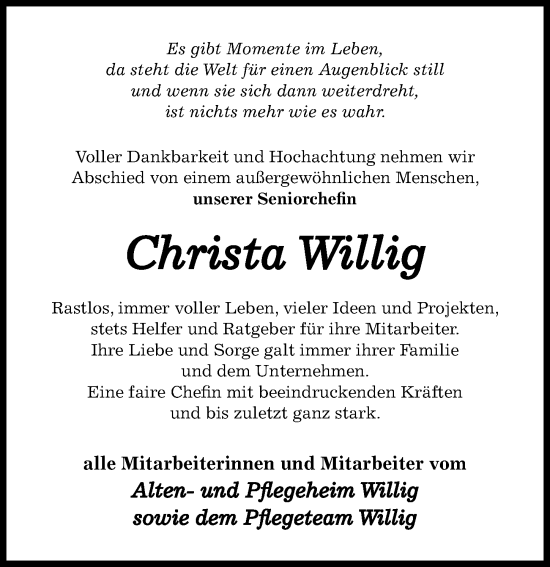 Traueranzeige von Christa Willig von Hildesheimer Allgemeine Zeitung