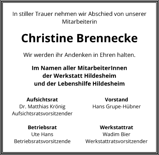 Traueranzeige von Christine Brennecke von Hildesheimer Allgemeine Zeitung