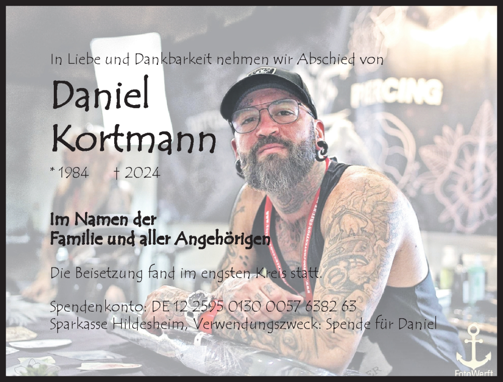  Traueranzeige für Daniel Kortmann vom 02.05.2024 aus Hildesheimer Allgemeine Zeitung