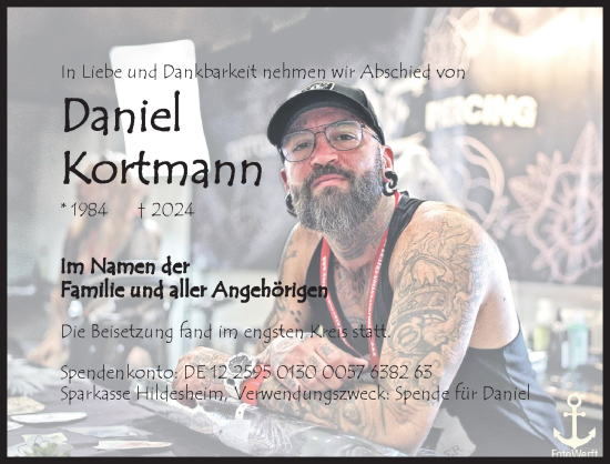 Traueranzeige von Daniel Kortmann von Hildesheimer Allgemeine Zeitung