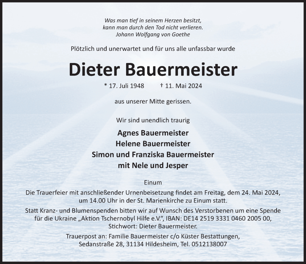 Traueranzeige für Dieter Bauermeister vom 15.05.2024 aus Hildesheimer Allgemeine Zeitung