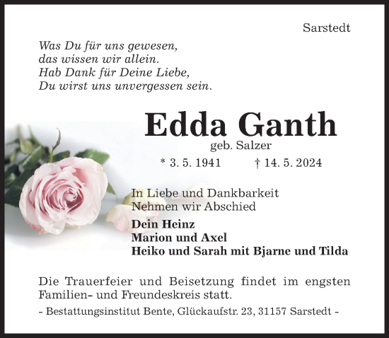 Traueranzeige von Edda Ganth von Hildesheimer Allgemeine Zeitung