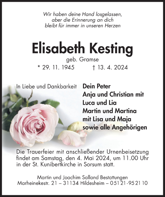 Traueranzeige von Elisabeth Kesting von Hildesheimer Allgemeine Zeitung