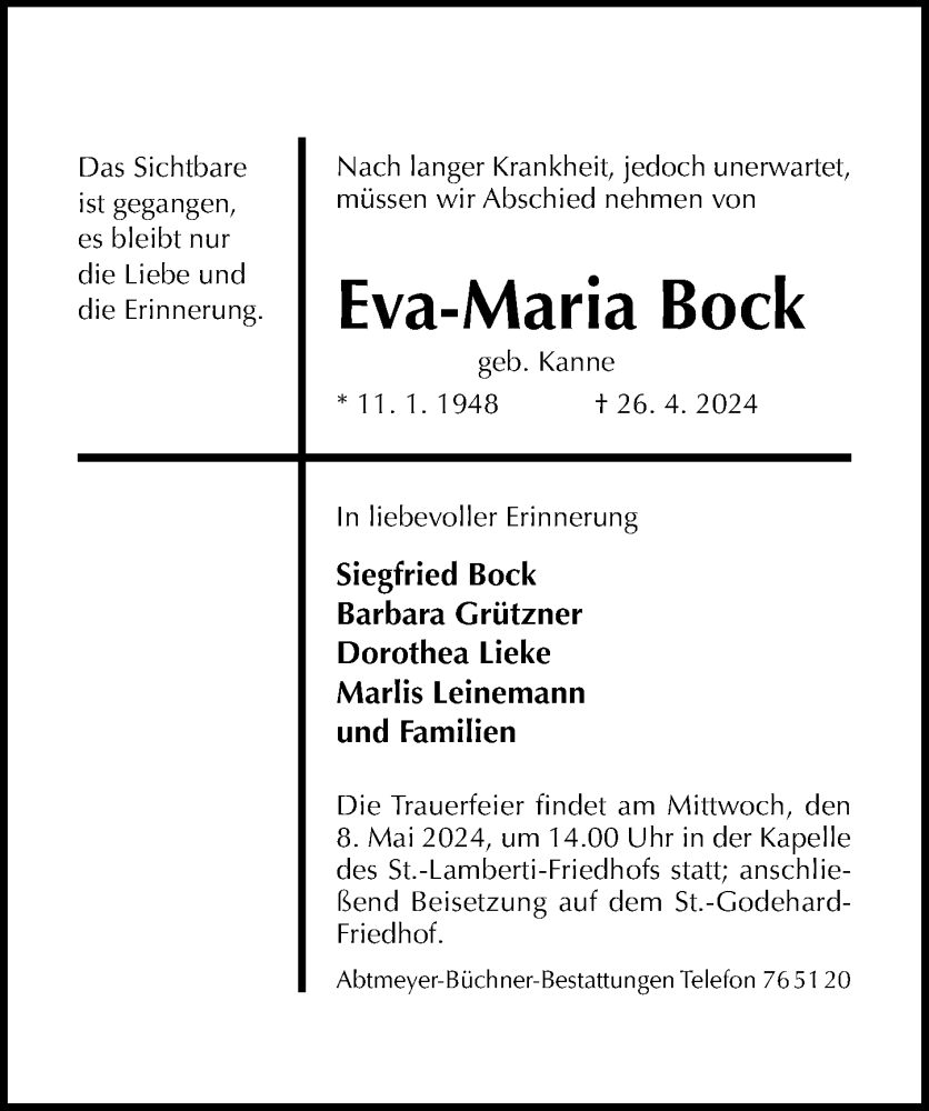  Traueranzeige für Eva-Maria Bock vom 04.05.2024 aus Hildesheimer Allgemeine Zeitung