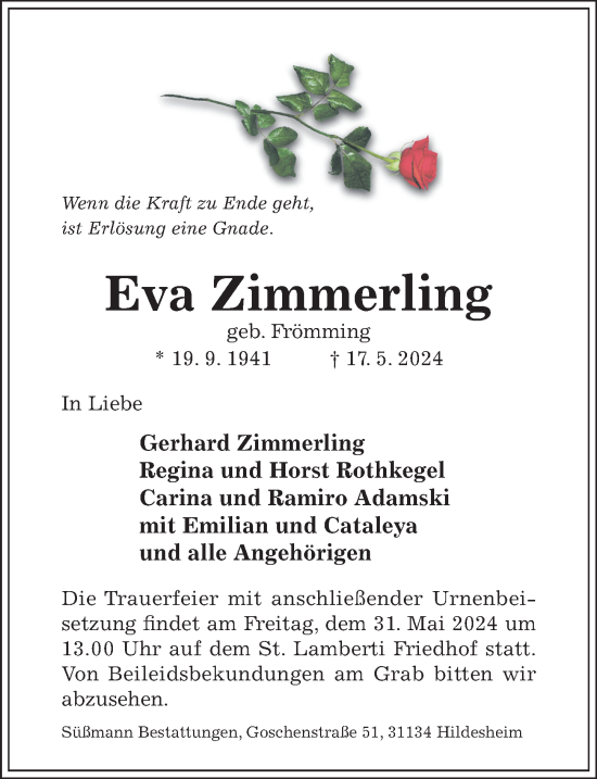 Traueranzeige von Eva Zimmerling von Hildesheimer Allgemeine Zeitung