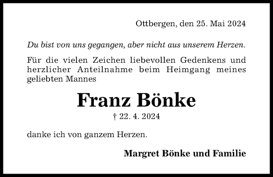 Traueranzeige von Franz Bönke von Hildesheimer Allgemeine Zeitung