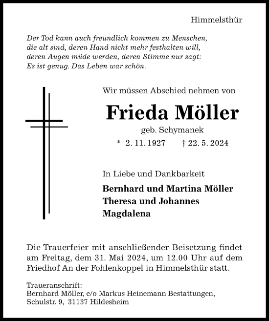 Traueranzeige von Frieda Möller von Hildesheimer Allgemeine Zeitung