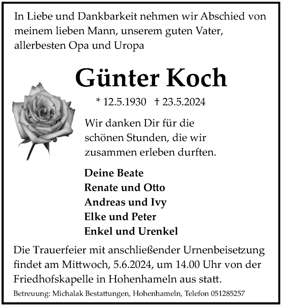  Traueranzeige für Günter Koch vom 29.05.2024 aus Hildesheimer Allgemeine Zeitung