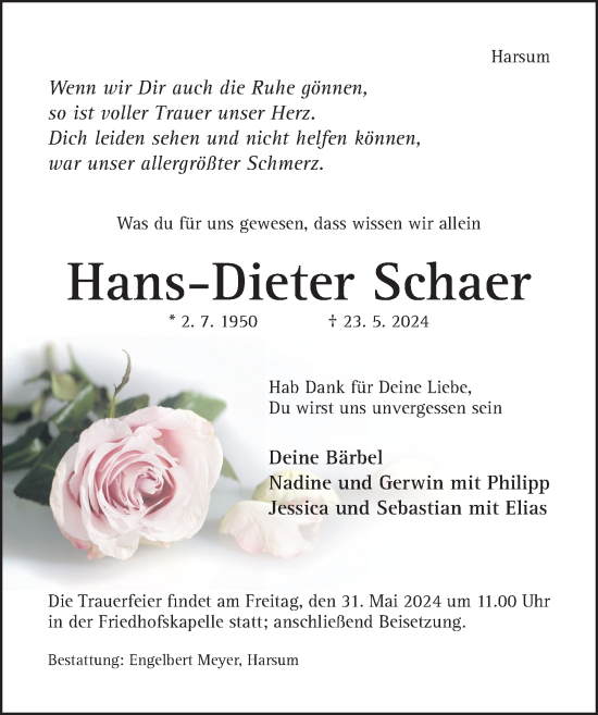 Traueranzeige von Hans-Dieter Schaer von Hildesheimer Allgemeine Zeitung