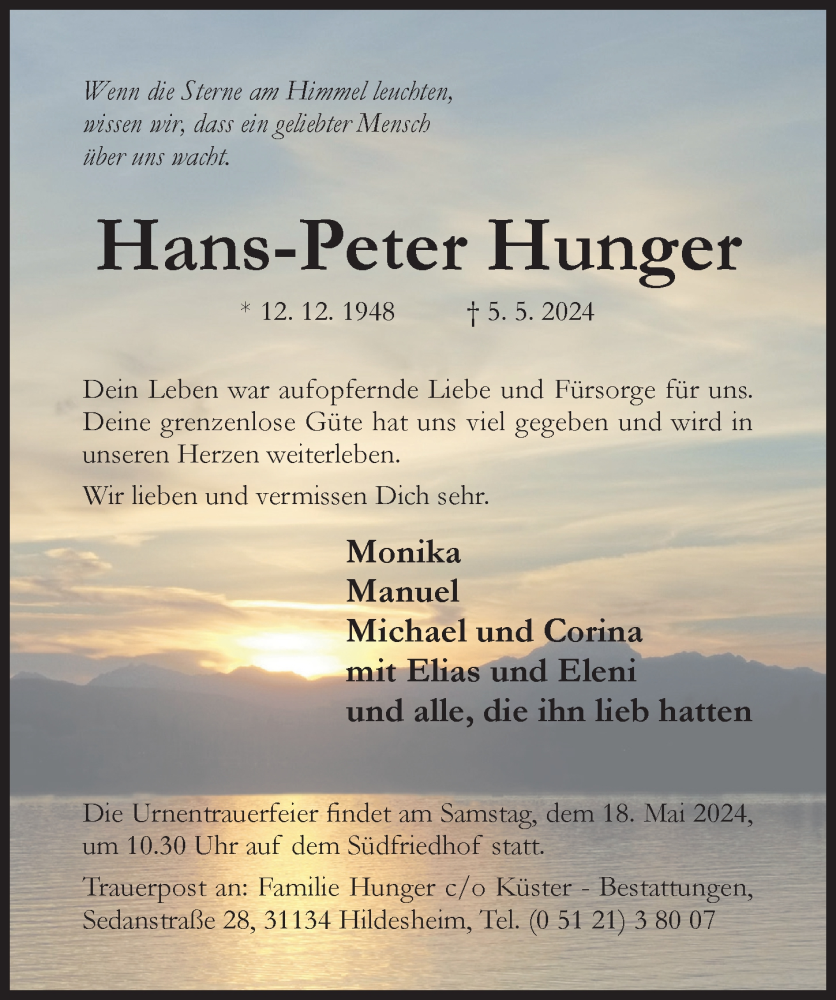  Traueranzeige für Hans-Peter Hunger vom 08.05.2024 aus Hildesheimer Allgemeine Zeitung
